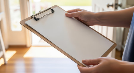 Person holding blank clipboard indoors near sunlit doorwayの素材