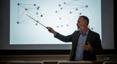Mature caucasian male professor lecturing on networks and graph theoryの素材