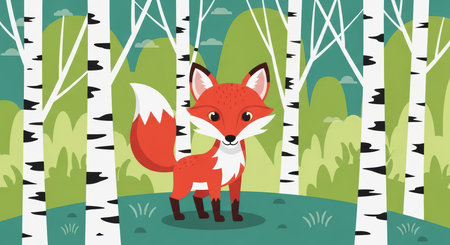 Cartoon fox in enchanted birch forest with lush greeneryの素材