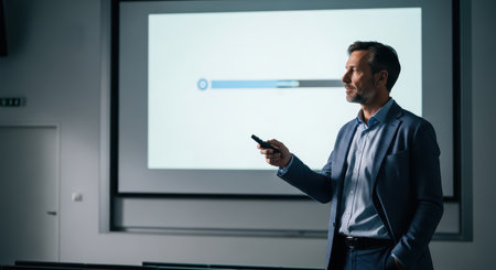 Caucasian male adult giving presentation in office meeting roomの素材