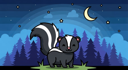 Cute cartoon skunk under night sky with crescent moon and stars in forestの素材
