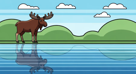 Cartoon moose by lake with reflection and cloudsの素材