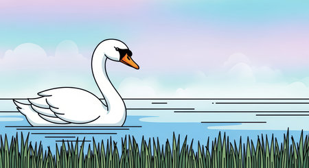 Elegant swan gliding on tranquil lake with pastel sky backgroundの素材