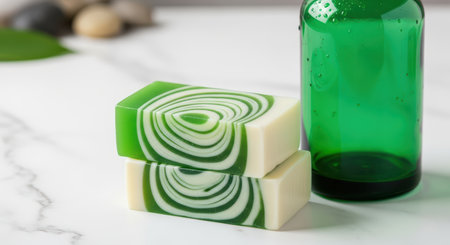 Green swirled soap bars with glass bottle on marble surfaceの素材
