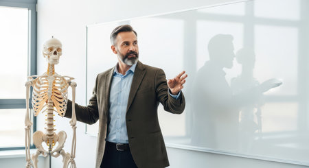 Caucasian male adult teaching human anatomy with skeleton model in classroomの素材