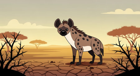 Cartoon hyena in african savannah landscape with acacia trees at sunsetの素材
