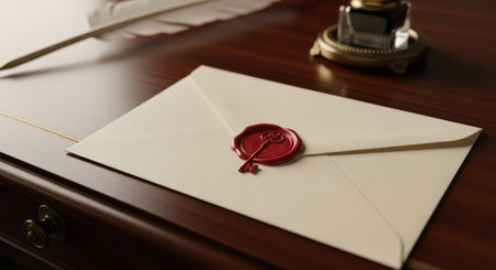 Elegant ivory envelope with red wax seal on wooden deskの素材