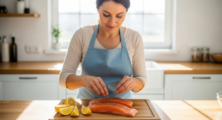 Young caucasian female preparing salmon with lemon in bright kitchenの素材