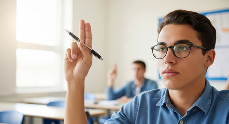 Young caucasian male student raising hand in classroom with focused expressionの素材