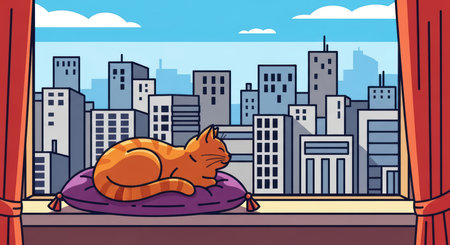 Cartoon orange cat relaxing on pillow with cityscape view through windowの素材