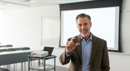 Confident mature caucasian male lecturer in classroom setting pointing towards cameraの素材