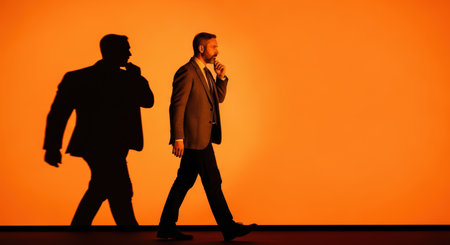 Caucasian male adult walking against orange wall with shadowの素材
