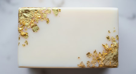Luxurious white soap bar adorned with elegant gold leaf accentsの素材