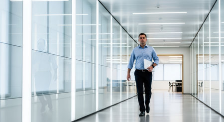 Caucasian male adult walking in modern office corridor with glass walls and professional attireの素材