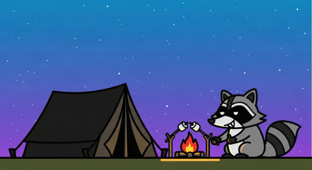 Cartoon raccoon roasting marshmallows by campfire under starry night skyの素材