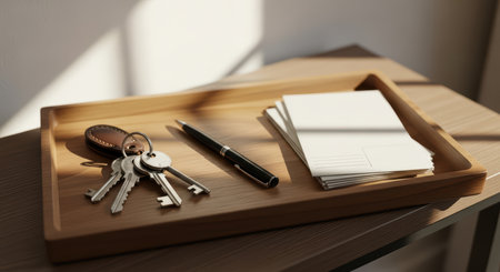 Wooden tray with keys, leather keychain, pen, and envelopes in sunlit roomの素材