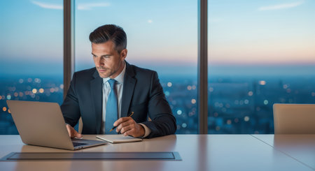 Caucasian male adult in business suit working on laptop in modern office at duskの素材