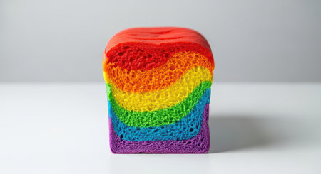 Colorful rainbow bread loaf with vibrant layers on white backgroundの素材