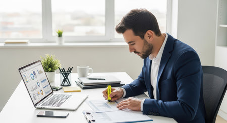 Young caucasian male analyzing financial data at office desk with laptopの素材