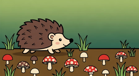 Cartoon hedgehog walking among colorful mushrooms in a forest sceneの素材