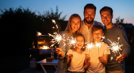 Family celebration with sparklers at dusk: caucasian adults and children smiling togetherの素材