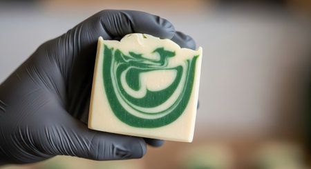 Gloved hand holding handmade green swirl soap barの素材