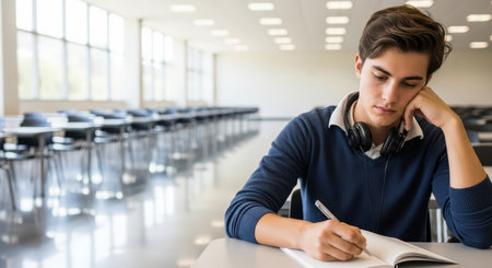 Young caucasian male teen studying in bright classroomの素材