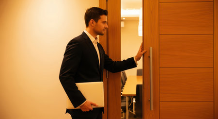 Young caucasian male professional entering boardroom holding laptopの素材