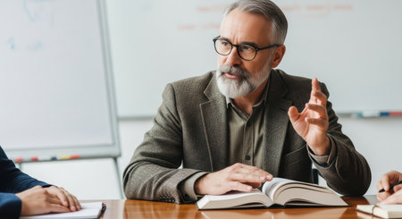 Mature caucasian male teacher discussing in classroom with bookの素材