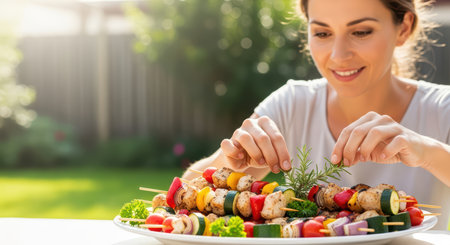 Young caucasian female preparing colorful skewers with fresh vegetables and chicken outdoorsの素材