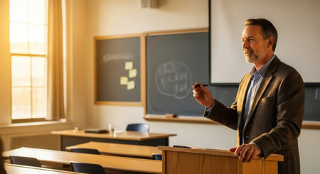 Caucasian male adult educator presenting in classroom setting during sunsetの素材