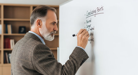 Mature caucasian male professor writing on whiteboard in classroomの素材
