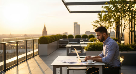 Hispanic male adult working on laptop at rooftop cafe during sunsetの素材