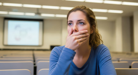 Worried young caucasian female student in classroomの素材