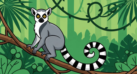 Illustration of a ring-tailed lemur on a jungle branchの素材