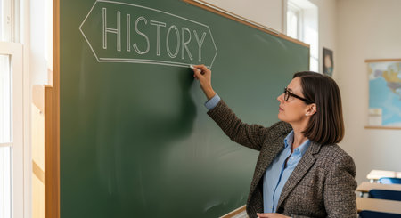 Female teacher writing history on chalkboard in classroom, caucasian, adultの素材