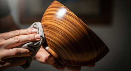 Close-up of hands polishing wooden bowl with clothの素材