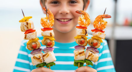 Young caucasian boy enjoying colorful seafood skewers on beach dayの素材