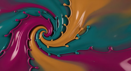Colorful swirl of pink, yellow, and teal paint blending in motionの素材