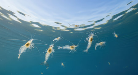 Group of shrimp swimming in clear blue ocean waterの素材