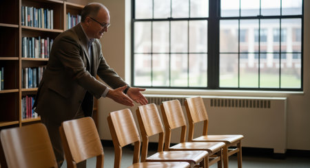 Mature caucasian male engaging in empty library classroom settingの素材