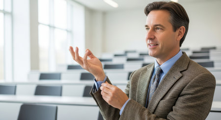 Confident caucasian male professor in classroom adjusting sleeveの素材