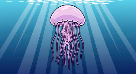 Vibrant cartoon jellyfish amidst sunlit ocean blueの素材
