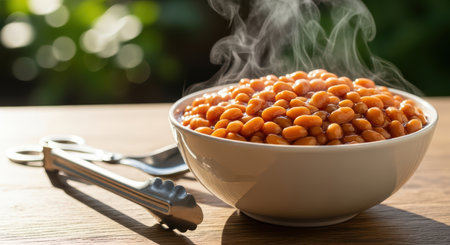Hot steaming bowl of baked beans on wooden table in outdoor settingの素材