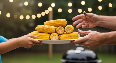 Hands passing plate of grilled corn at outdoor barbecueの素材