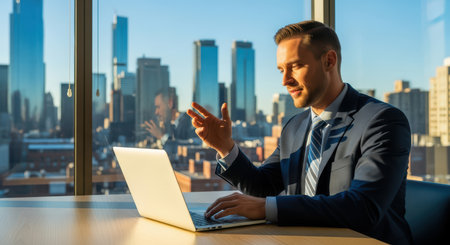 Caucasian male adult businessman in suit working on laptop in modern city officeの素材