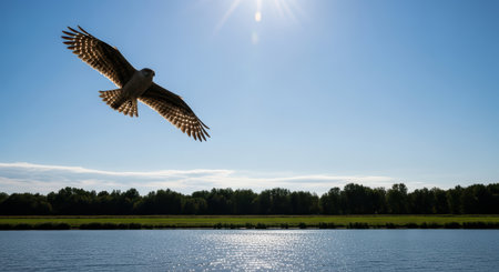 Majestic hawk soaring over serene lake at sunrise with clear blue skyの素材