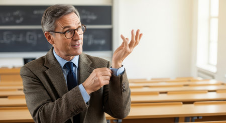 Caucasian male professor in classroom adjusting sleeveの素材