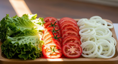 Fresh salad ingredients: sliced tomatoes, onions, and lettuce on wooden boardの素材