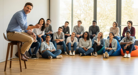 Male teacher engaging with diverse young adults in classroom settingの素材